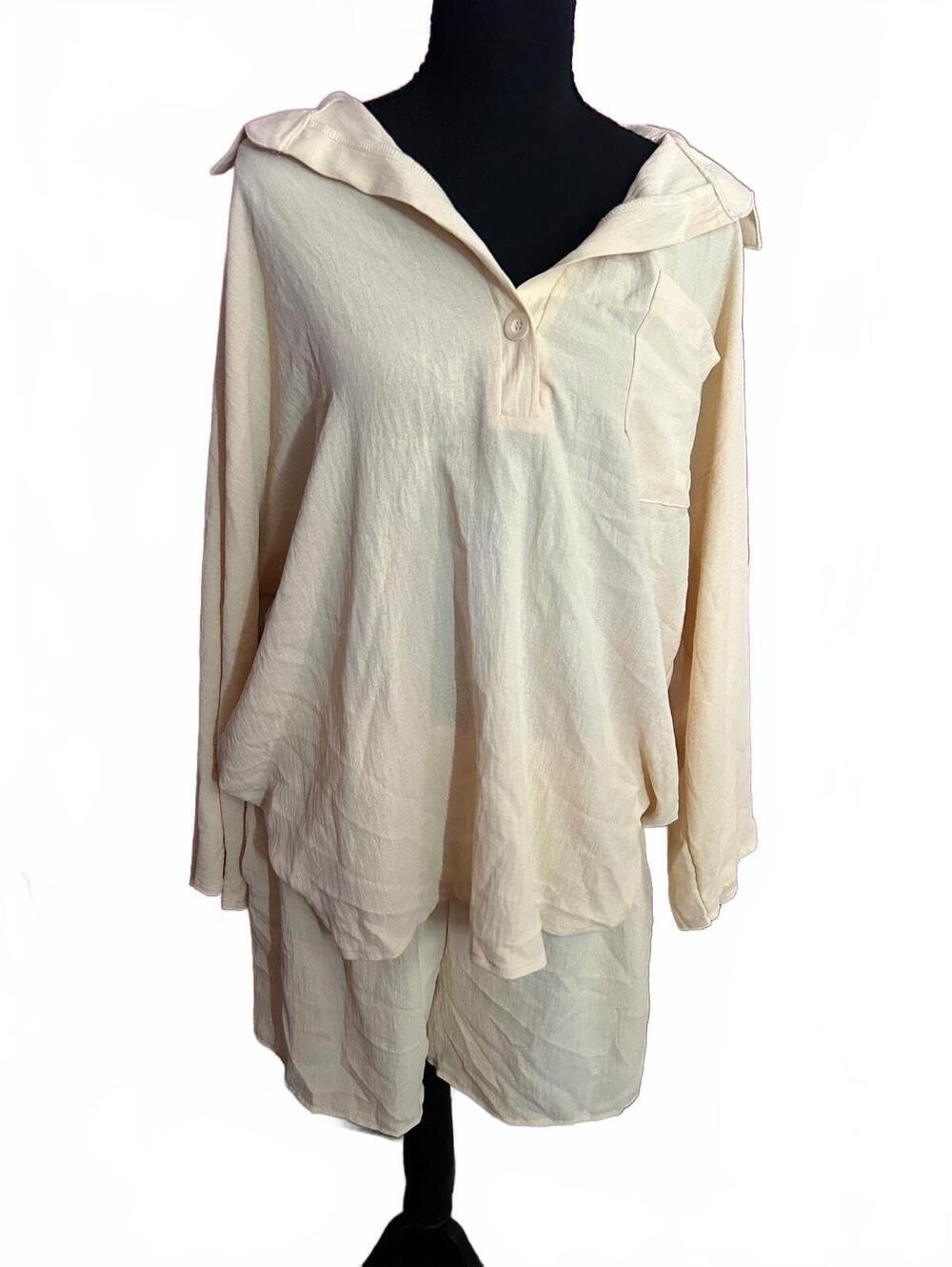 Cream Two-Piece Lightweight Lounge Set with Long-Sleeve Wide